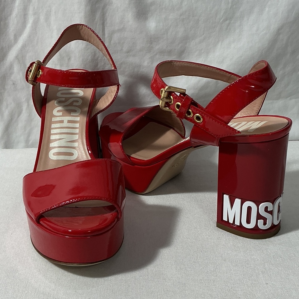 Moschino Red Patent Platform Sandals with Logo Block Heel